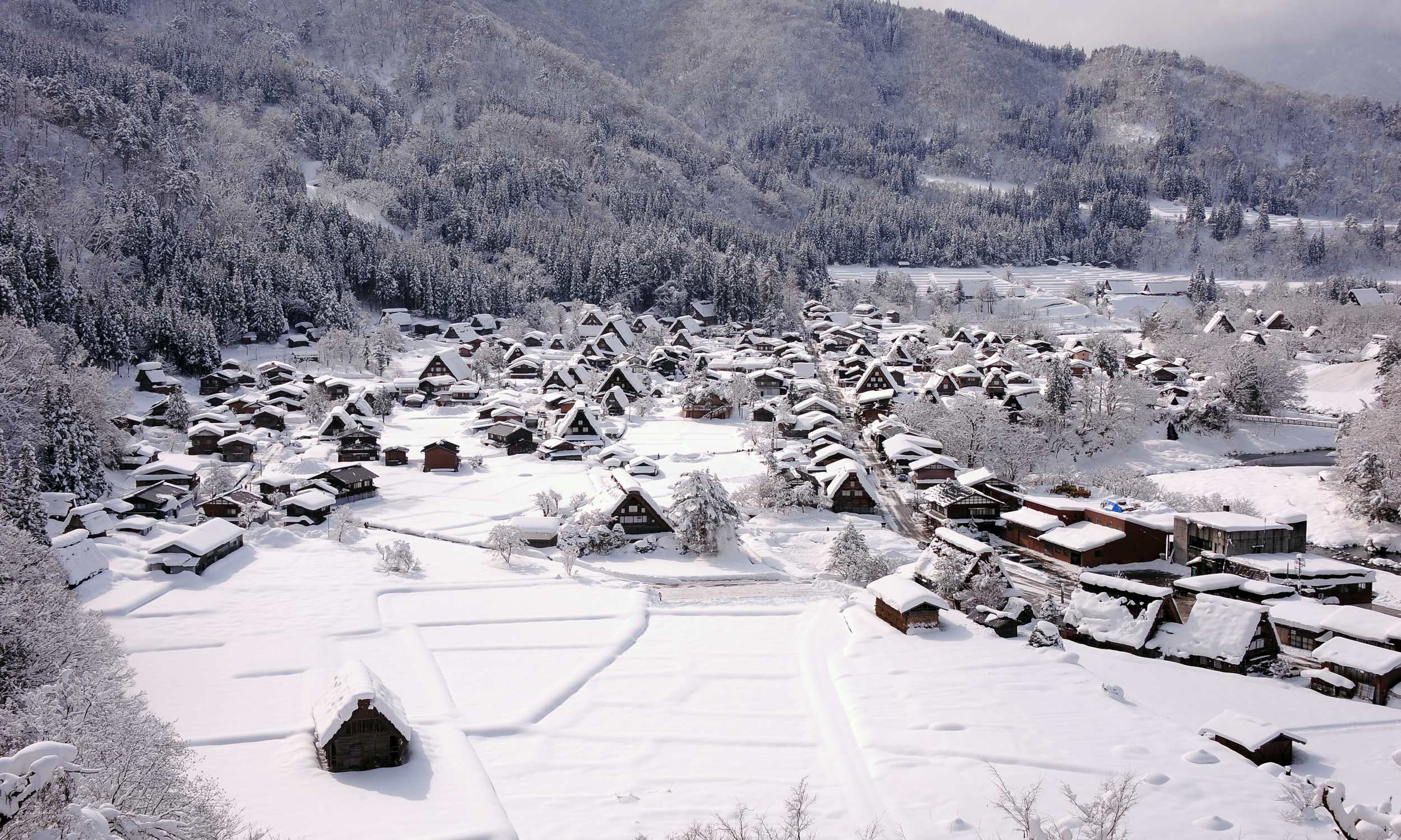 Das schneebedeckte Dorf Shirakawa-go.